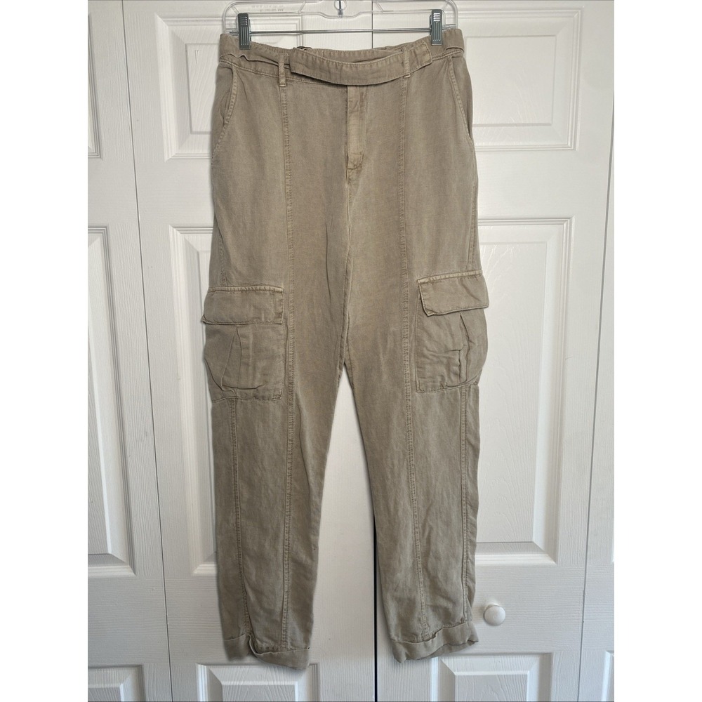 Nicole‎ Miller Cargo Pants Womens Size S Tan Linen Blend Belted Utility Tapered